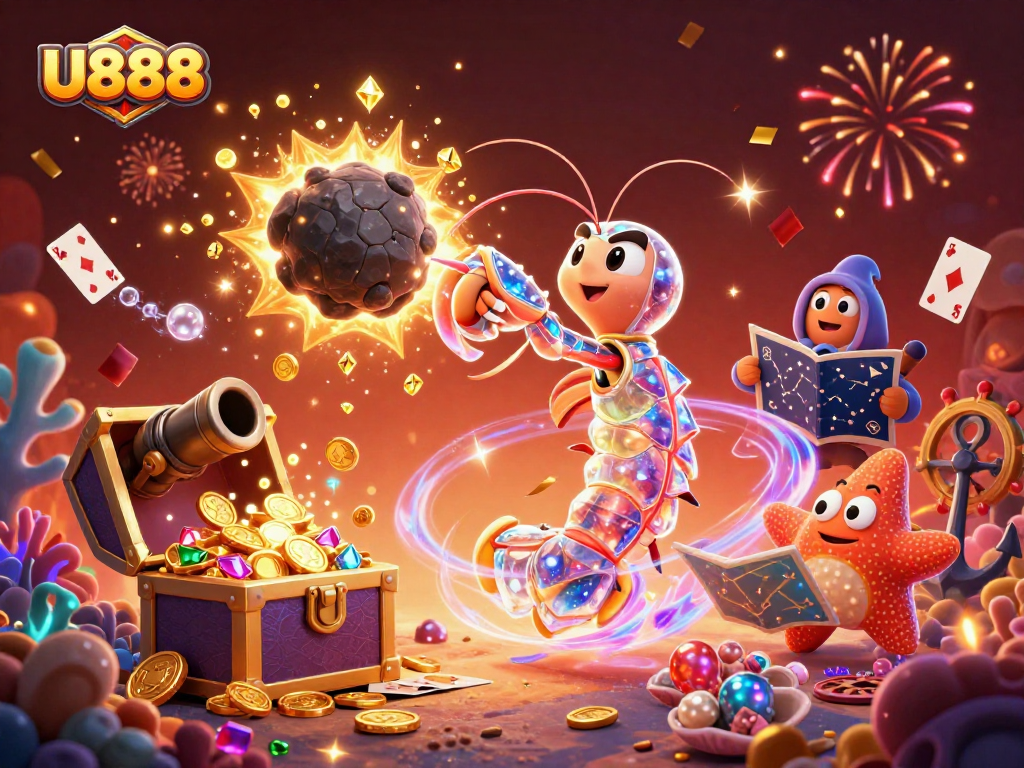 U888 engages players with dynamic gaming elements and vibrant treasures in a 3D illustration.
