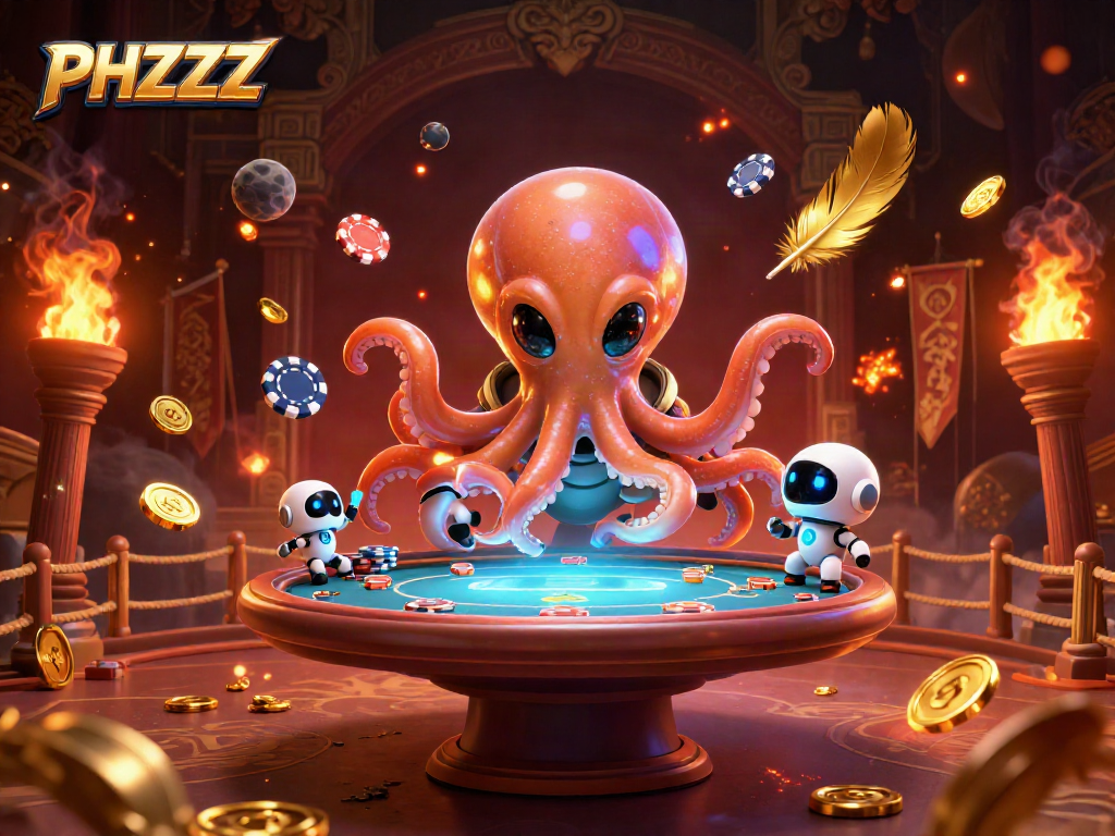 Experience thrilling poker action with PHZZZ, featuring an alien octopus and vibrant casino elements.