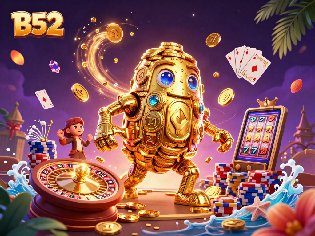 B52 golem character amidst dynamic casino game elements creating a vibrant gambling scene.