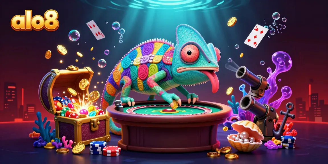 Experience the excitement of alo8 with a dynamic 3D chameleon casino owner in an underwater treasure-filled scene.