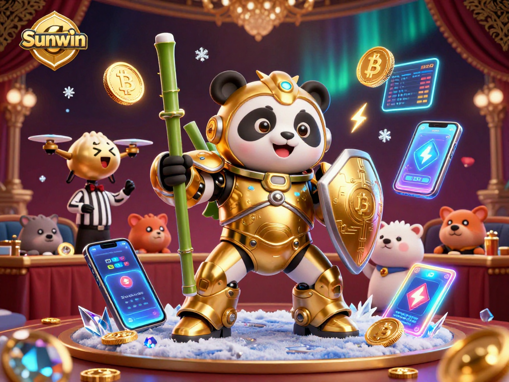Engage with the thrilling Sunwin casino world showcasing a panda in a mech suit amidst dynamic crypto action.
