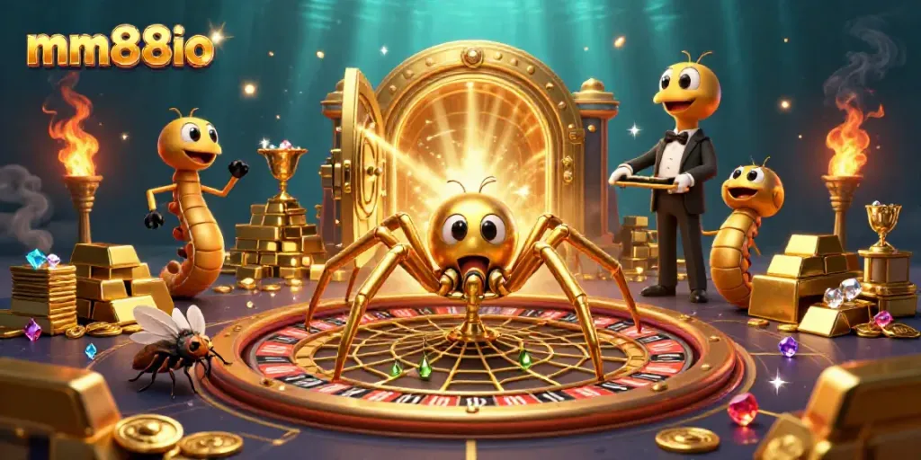 Engage in thrilling betting actions with mm88io's vibrant immersive casino scene featuring dynamic characters.