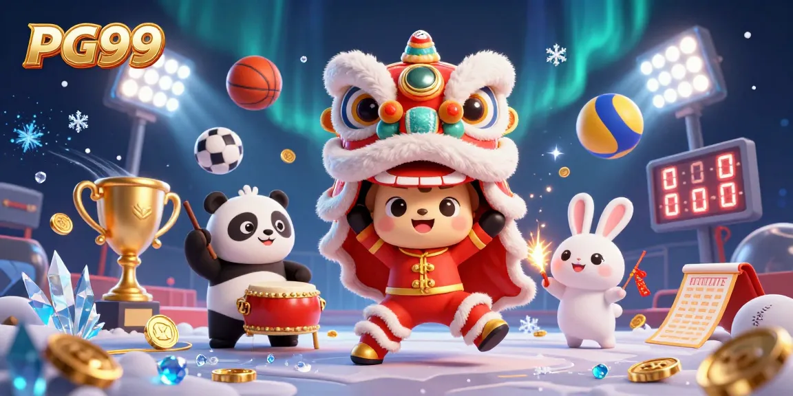 Experience thrilling gaming at PG99 with an energetic lion dance surrounded by vibrant sports elements.