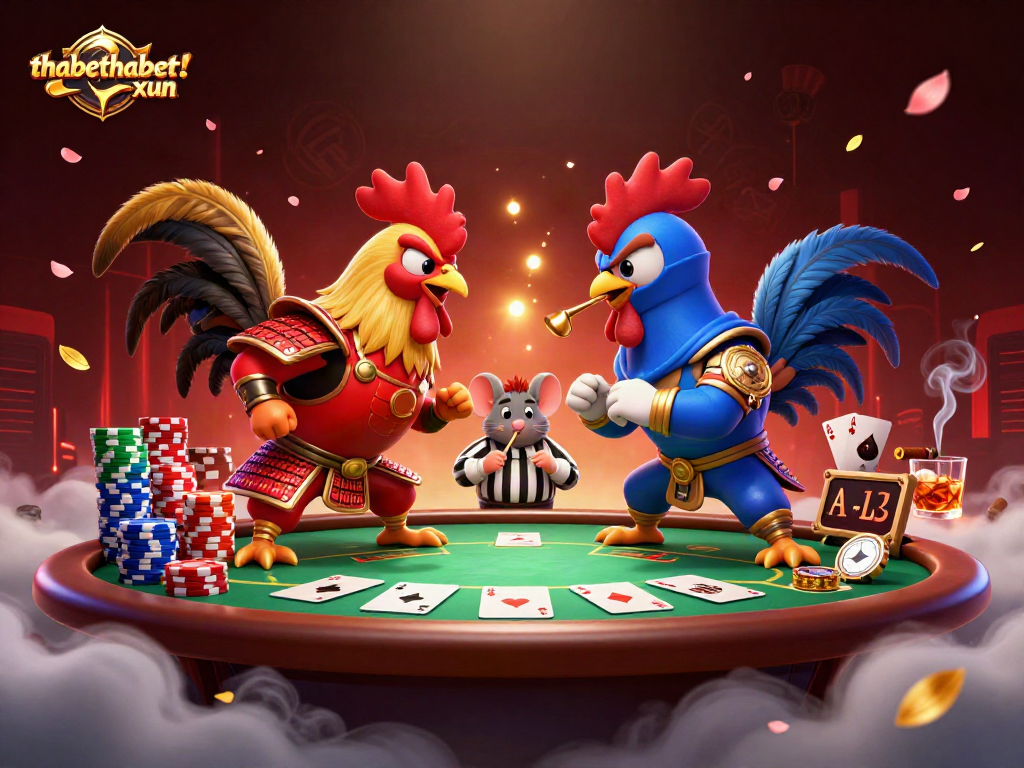 Experience dynamic standoff between fighting roosters at thabetthabet-xun casino with poker elements.