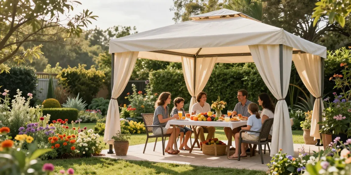 Freistehende Terrassenüberdachung in einem einladenden Garten mit Familie am Essplatz.
