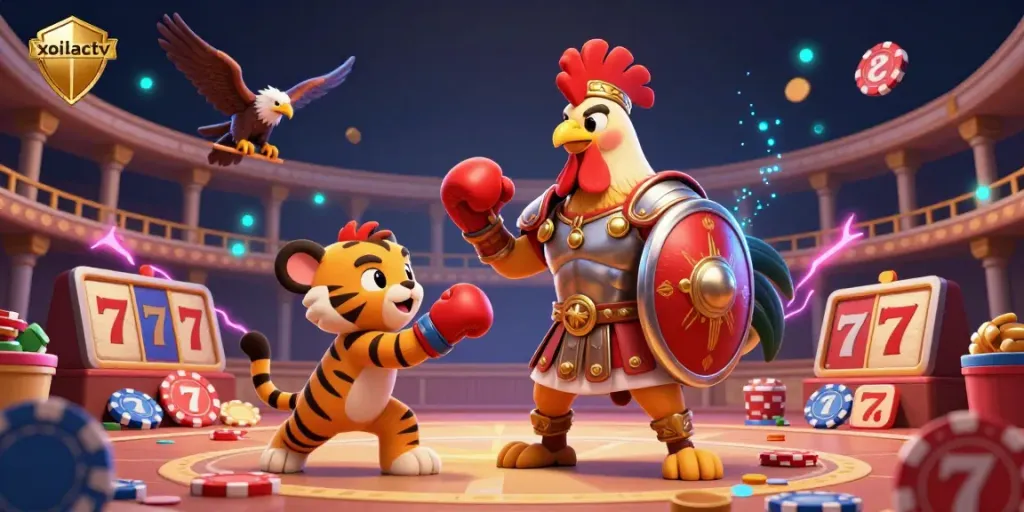 Xoilactv depicts a vibrant 3D scene of a rooster gladiator amidst a gambling-themed colosseum, showcasing betting excitement.