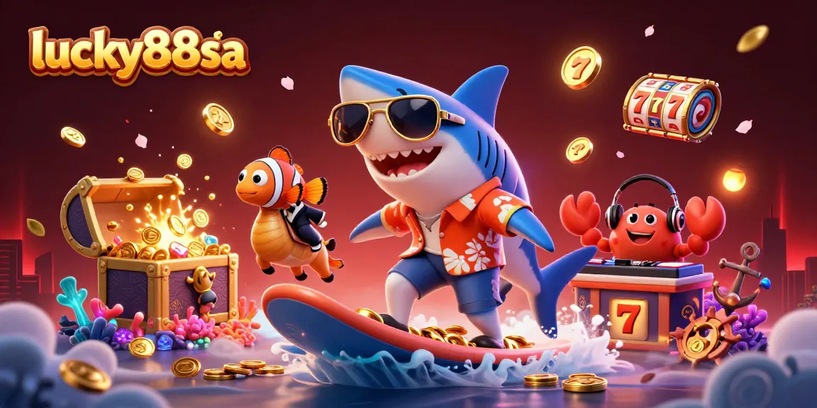 Engage with lucky88sa's vibrant 3D casino scene, featuring a shark surfing gold coins alongside friends in an underwater wonderland.