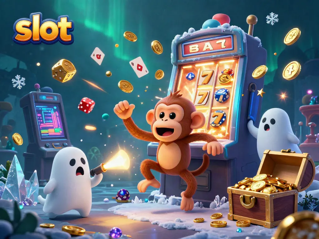 Engaging scene of a poltergeist monkey juggling golden casino items and a curious puppy tracking it, highlighting slots.