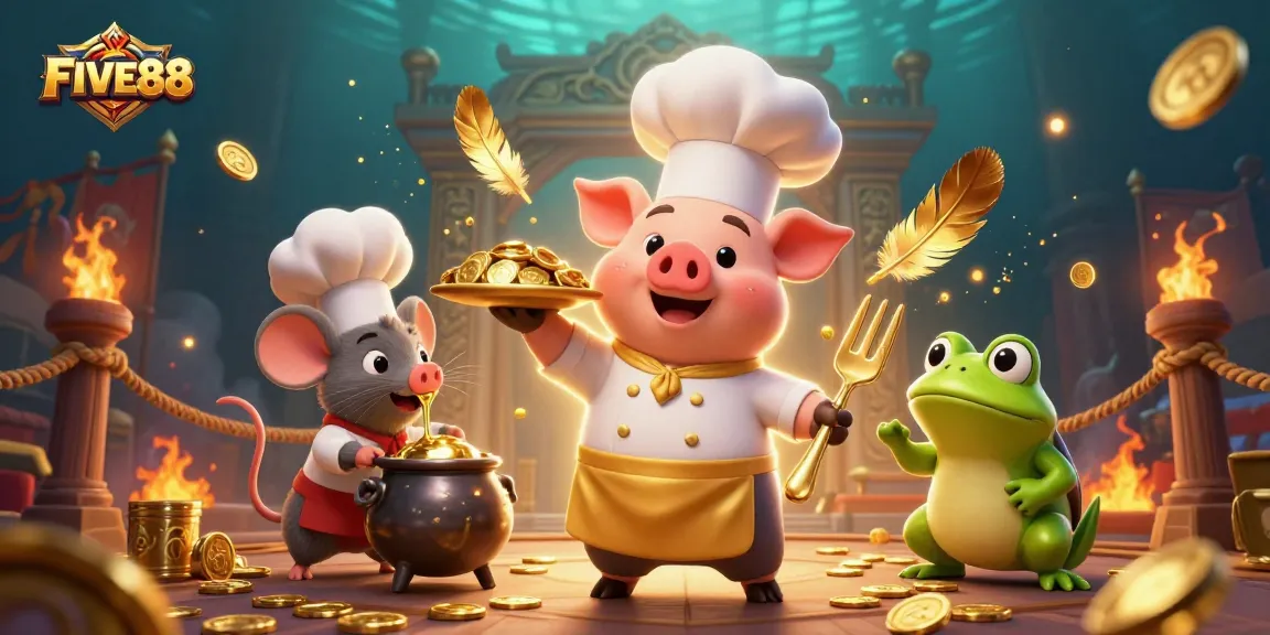 Experience the excitement of FIVE88 with a chef pig, mouse, and frog in a vibrant casino scene.