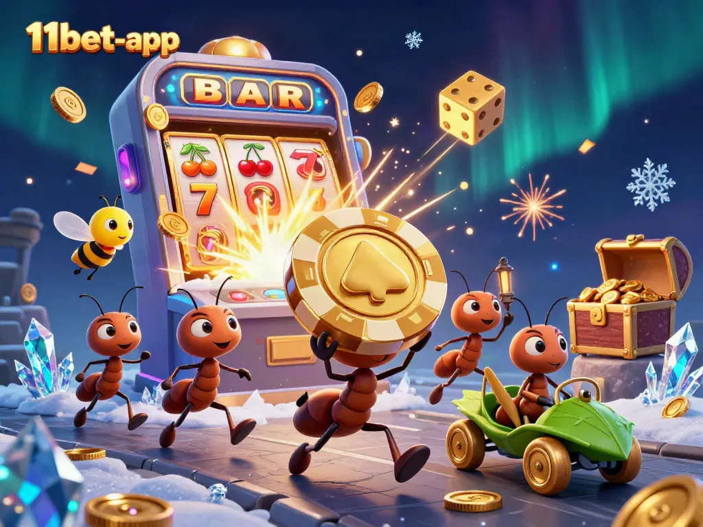 Experience thrilling action at 11bet-app with cartoon ants heisting a giant poker chip.
