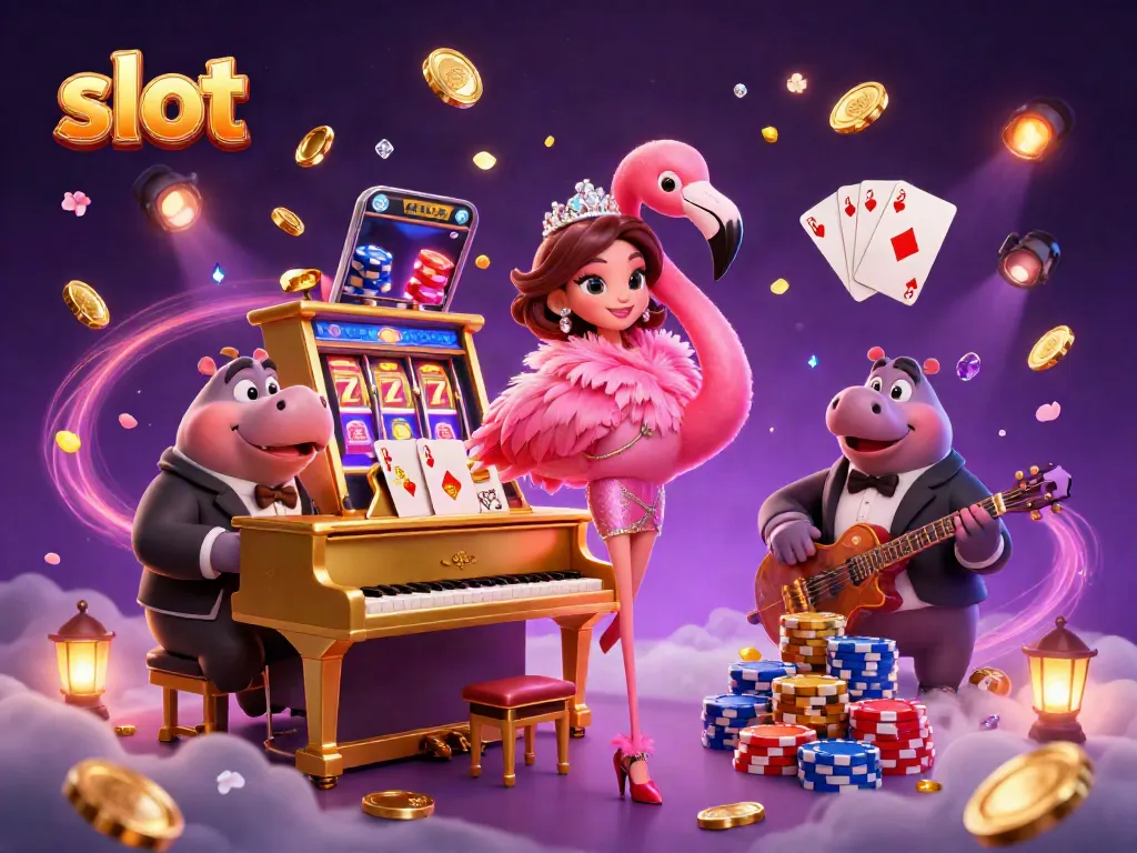 Experience the thrill of slot games with this vibrant 3D casino illustration featuring flamingo and hippo musicians.