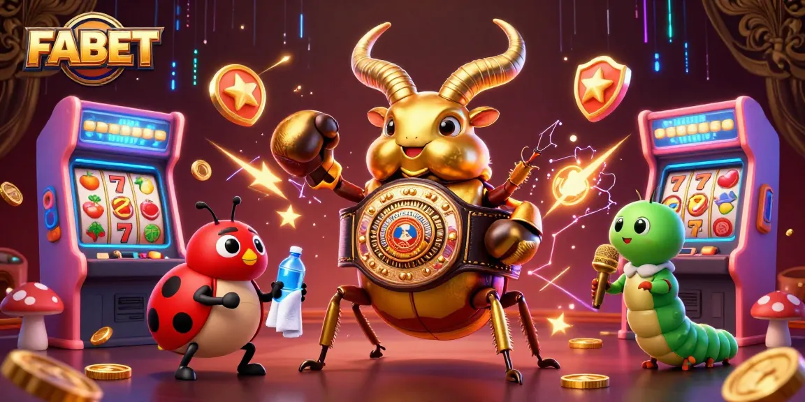 Engage in thrilling gameplay with FABET, featuring a golden stag beetle, vibrant casino elements, and lively atmosphere.
