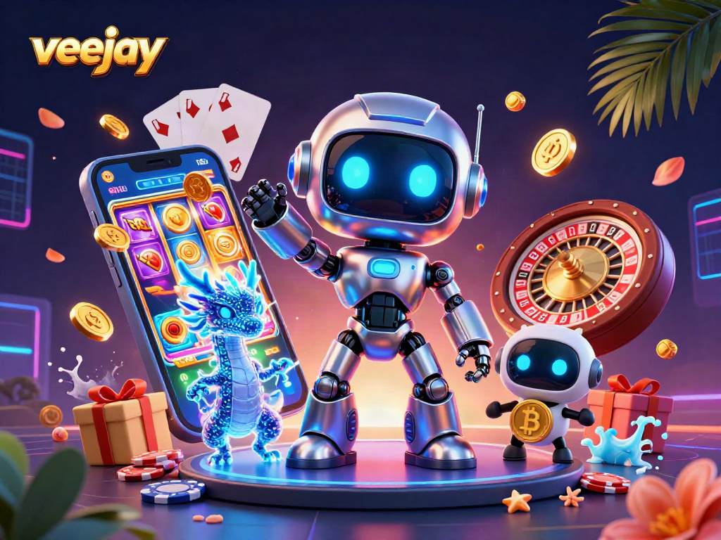 Veejay bietet spannende Casino-Erlebnisse mit einem coolen Cyberpunk-Roboter und aufregenden Casino-Elementen.