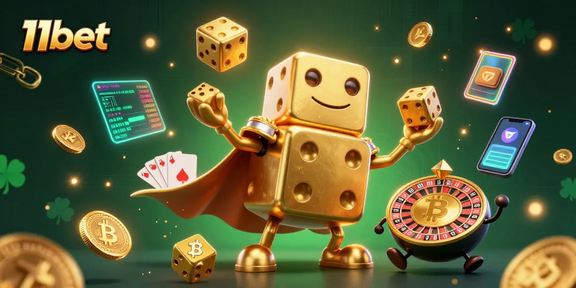 Engage with the thrilling world of 11bet, showcasing golden dice and vibrant crypto elements in an exciting casino scene.