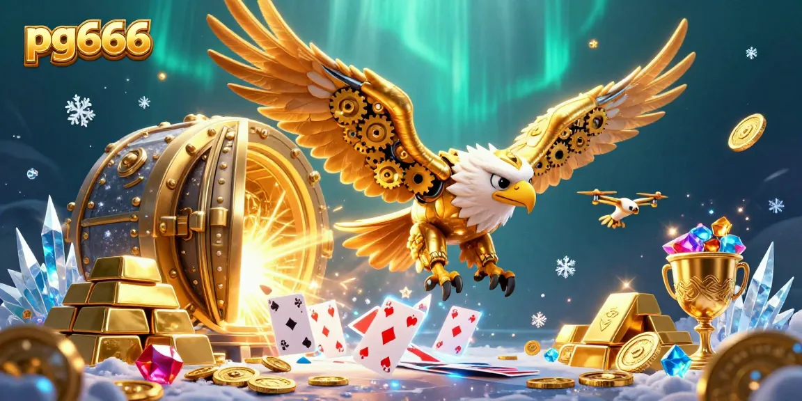 Experience thrilling gaming at pg666 with a vibrant 3D scene of a golden eagle diving through holographic cards amidst a treasure-filled casino.