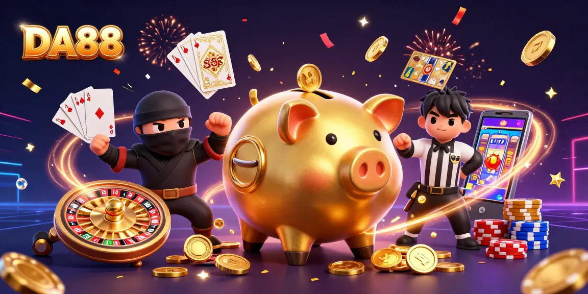 Experience thrilling action at DA88 with a dynamic 3D casino scene of vibrant characters and elements.