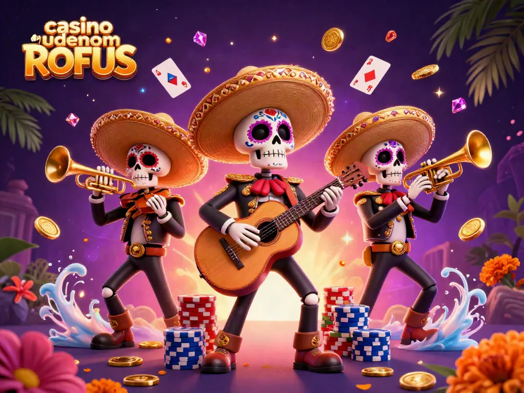 Engage at casino uden om ROFUS with a lively skeleton mariachi band illustration surrounded by spinning roulette, poker chips, and winning cards.