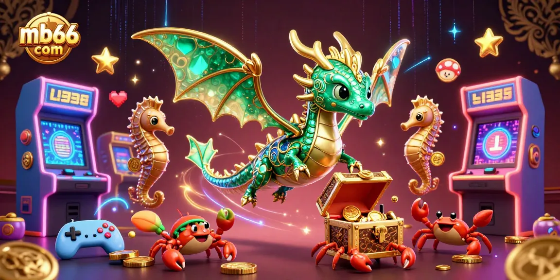 Engage with mb66 com by exploring the vibrant 3D casino scene featuring a sea dragon and treasure.