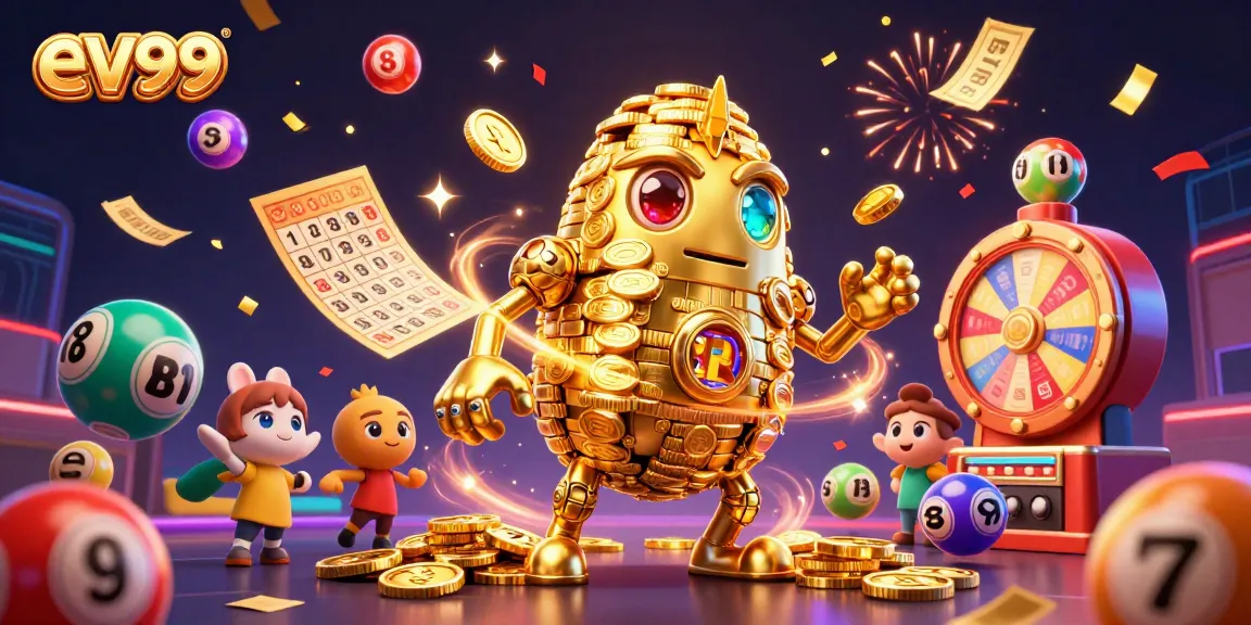 ev99 showcases a vibrant, animated scene with a golden golem and lottery elements, capturing casino excitement.