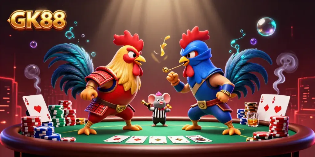Bet on GK88 with twin roosters in a dramatic poker showdown amidst colorful casino elements.