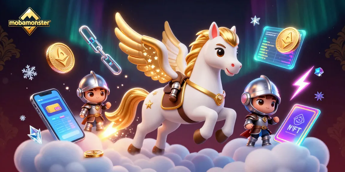 Engage with mobamonster's dynamic 3D casino scene featuring a celestial horse and crypto elements.