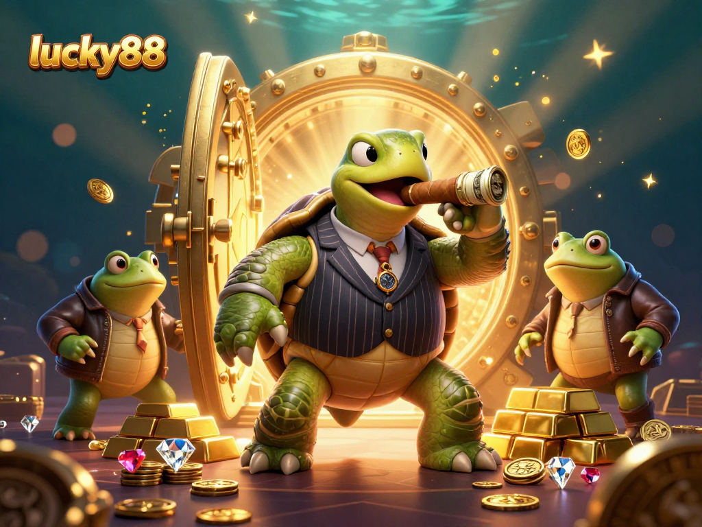Experience the thrill of lucky88 with a vibrant illustration of a snapping turtle mobster and bullfrog enforcers, surrounded by treasure.