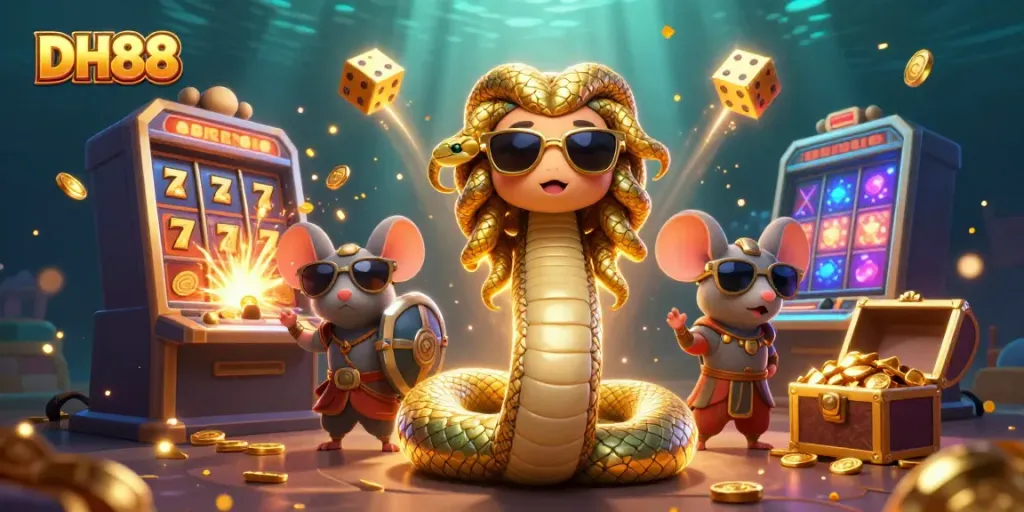 Spin for rewards at DH88, featuring a lively scene of Medusa and a warrior mouse amidst a jackpot explosion.
