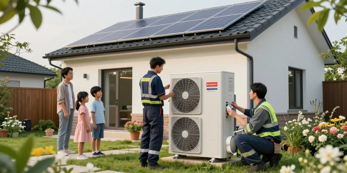 Installation of a wärmepumpe bosch in a cozy home setting, showcasing energy efficiency and family engagement.