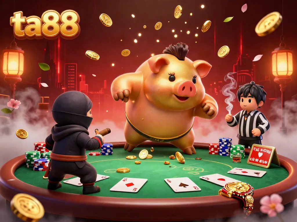 Engage with the excitement of ta88 featuring a dynamic scene filled with a golden piggy bank sumo wrestler, wallet-ninja, and poker elements.