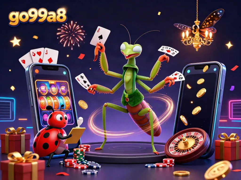 Experience energetic gaming action at go99a8 with thrilling slot machines, vibrant characters, and celebratory confetti.