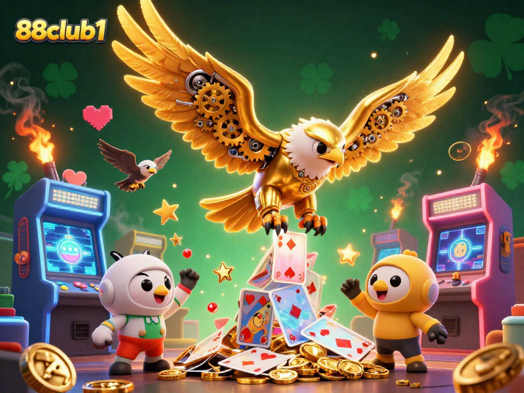 Engage with excitement at 88club1 featuring a golden eagle soaring through holographic cards amidst dynamic gaming elements.