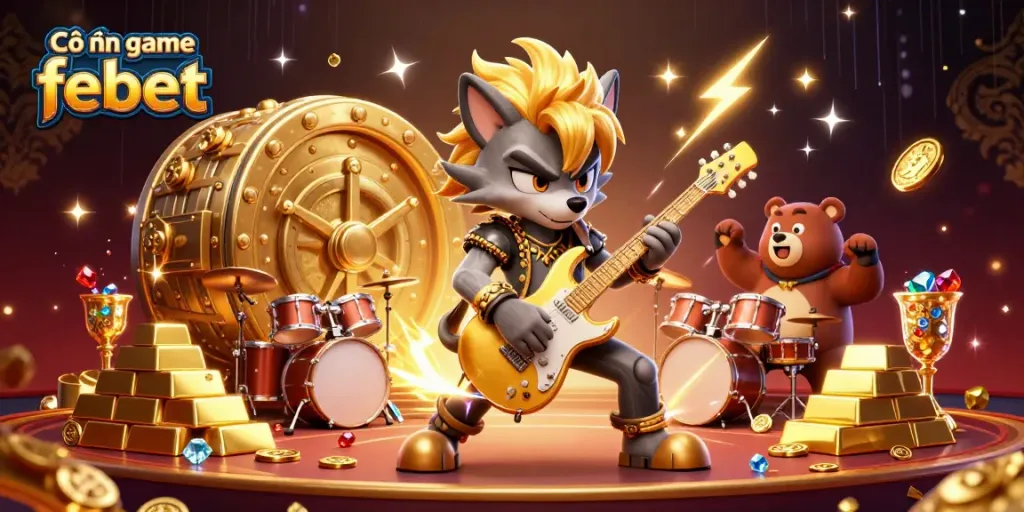 Cổng game febet features a rock star wolf and a bear drummer in a vibrant casino scene full of glittering treasures.