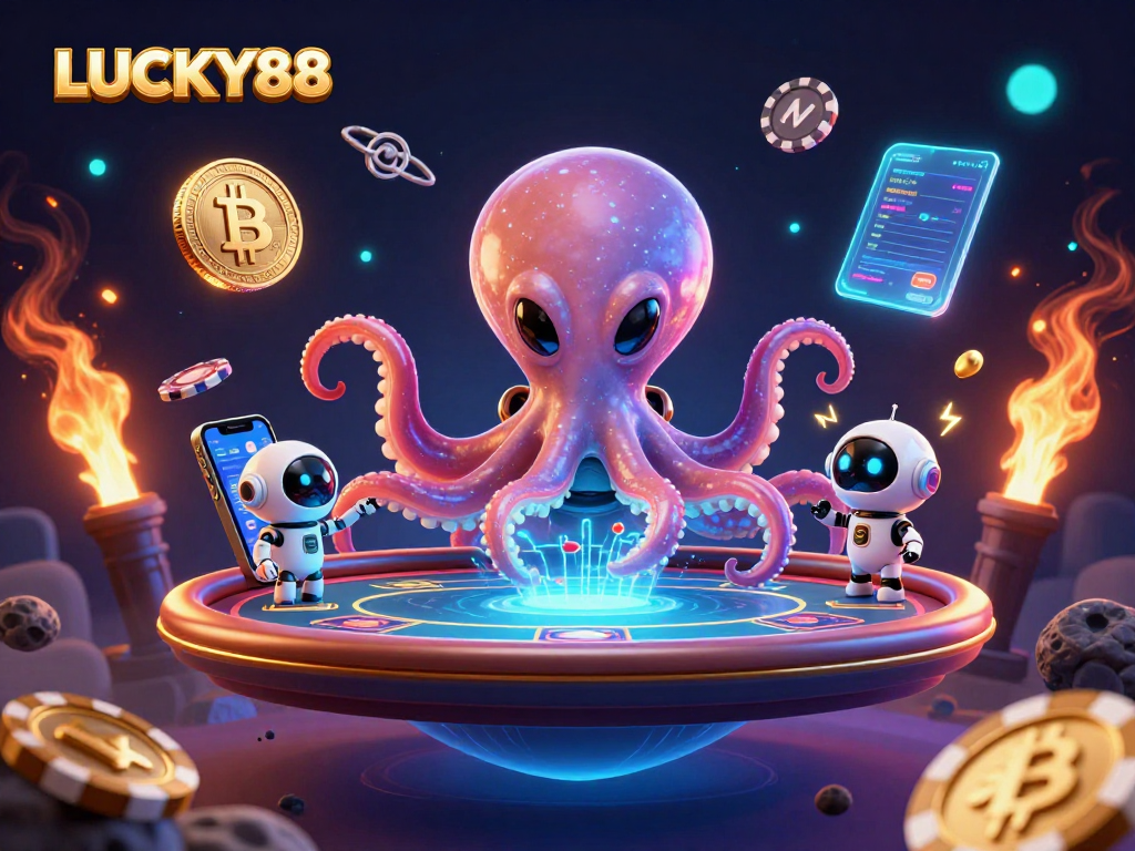 Experience the excitement of LUCKY88 with a vibrant alien octopus at a poker table surrounded by cosmic elements.