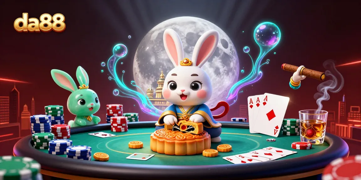 Engage in thrilling da88 casino action with vibrant poker chips and characters in a magical moonlit scene.
