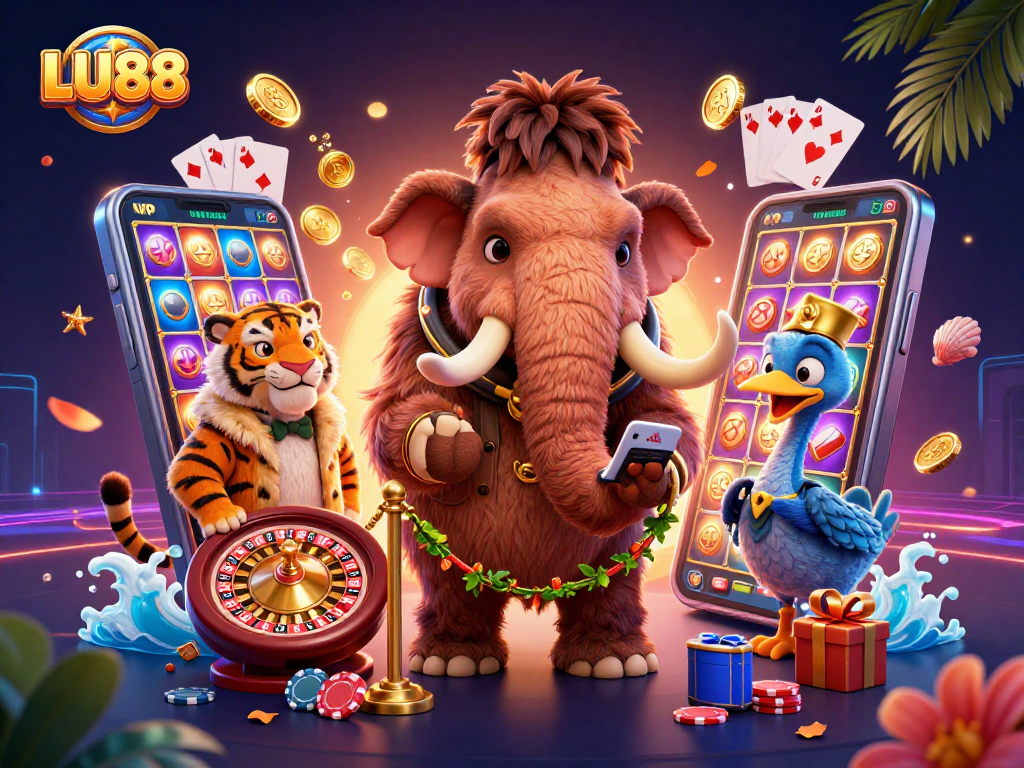 LU88 casino bouncer checks IDs while a saber-tooth tiger and dodo bird enhance the gaming atmosphere.