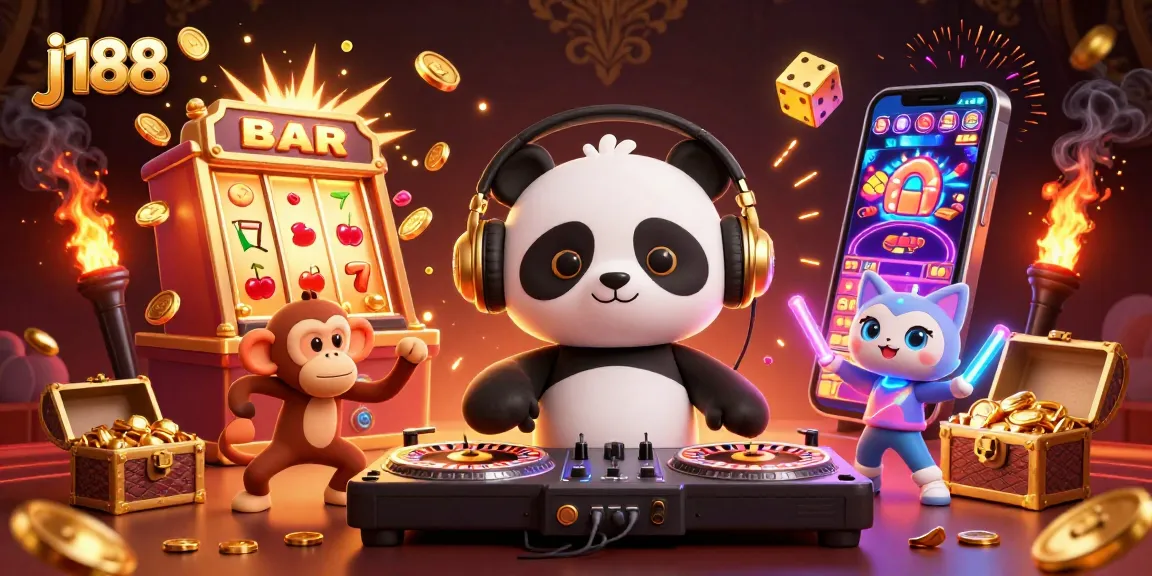 Experience excitement with j188 as a DJ panda spins casino wheels and a monkey dances.