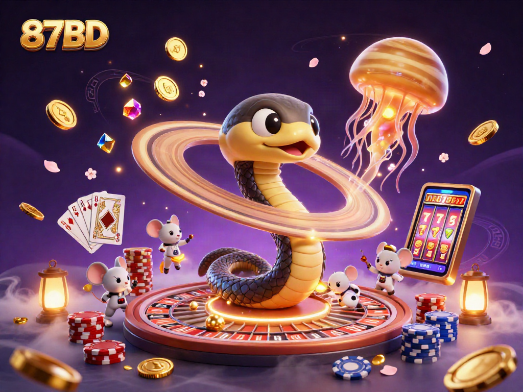 Experience thrilling bets in 87BD's cosmic casino with vibrant characters and engaging gameplay elements.