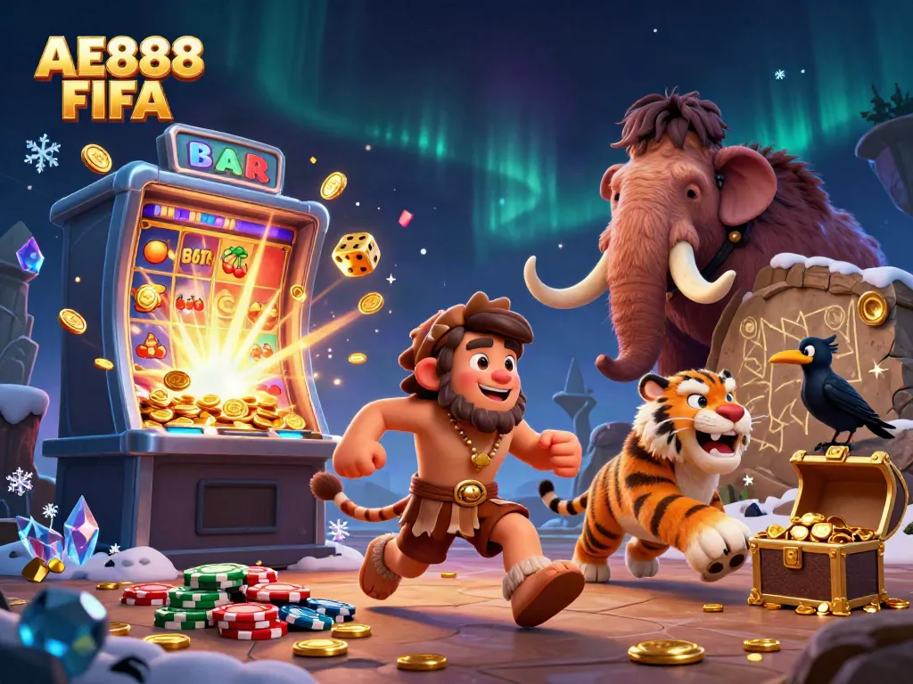 Experience the high-energy AE888 FIFA casino scene with cartoon characters and thrilling gaming dynamics.