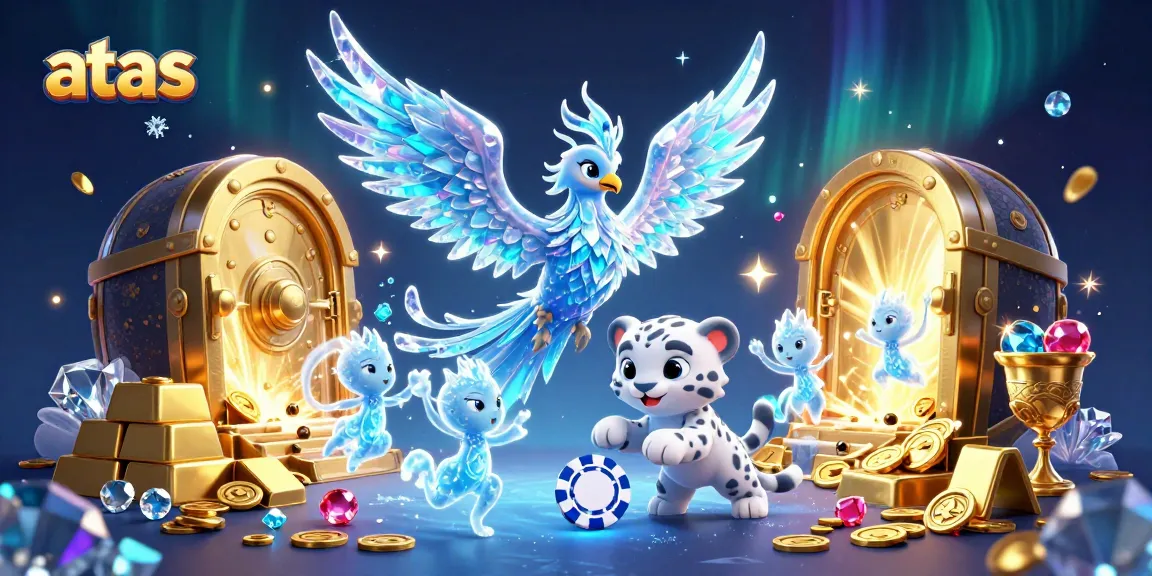Experience excitement at atas casino with a vivid ice phoenix, poker chips, and dazzling gems!