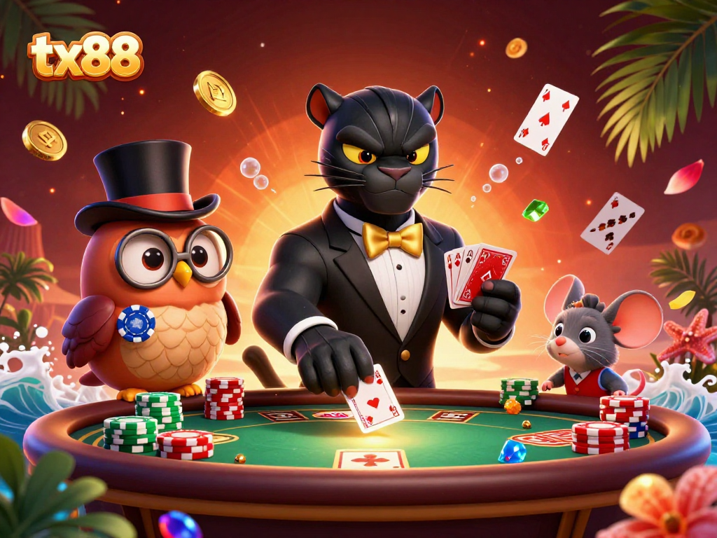 Engage with tx88 as the stylish black panther deals cards elegantly alongside a charming owl and lucky mouse.