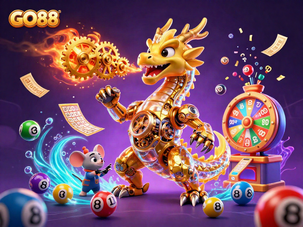 Engage with the GO88 experience showcasing a vibrant casino scene featuring a golden dragon and dynamic gaming elements.