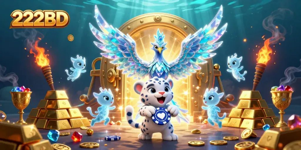 Join 222BD for thrilling casino adventures with a vibrant illustration showcasing an ice phoenix and poker chip fun.