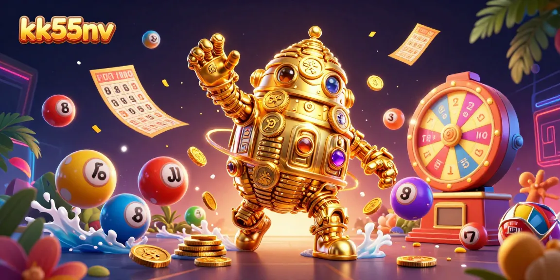 Experience thrilling jackpots at kk55nv with vibrant lottery balls, golden golems, and casino elements.