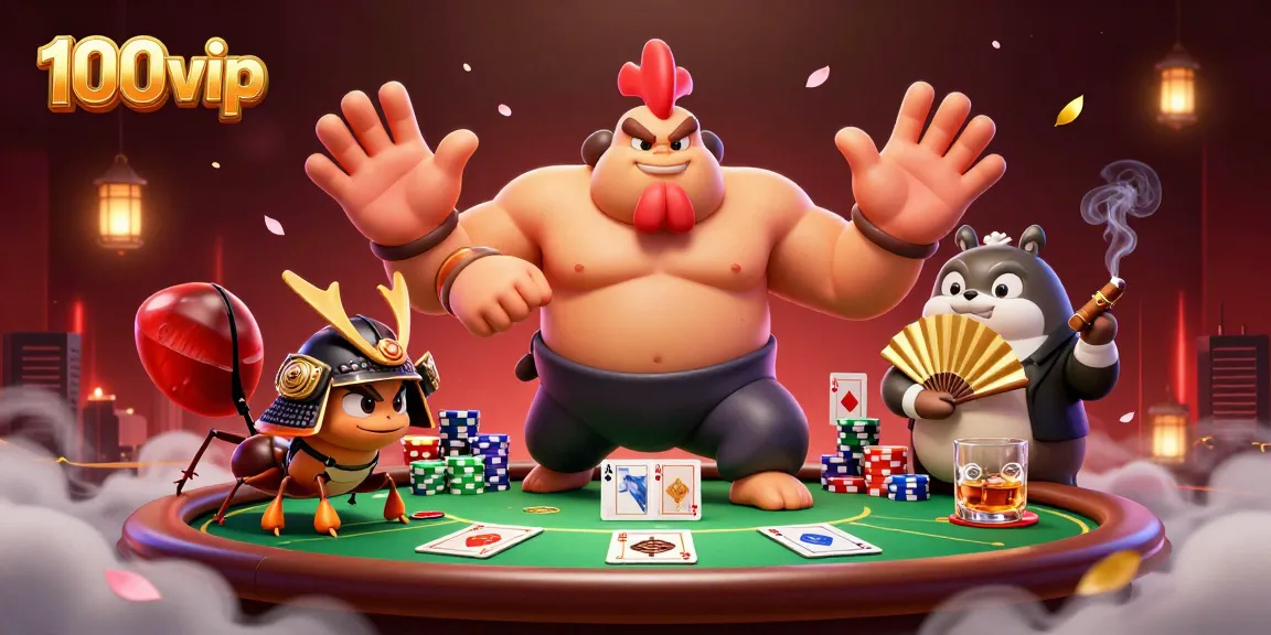 Experience engaging poker action at 100vip with a dynamic sumo wrestler, cricket, and tanuki announcer.