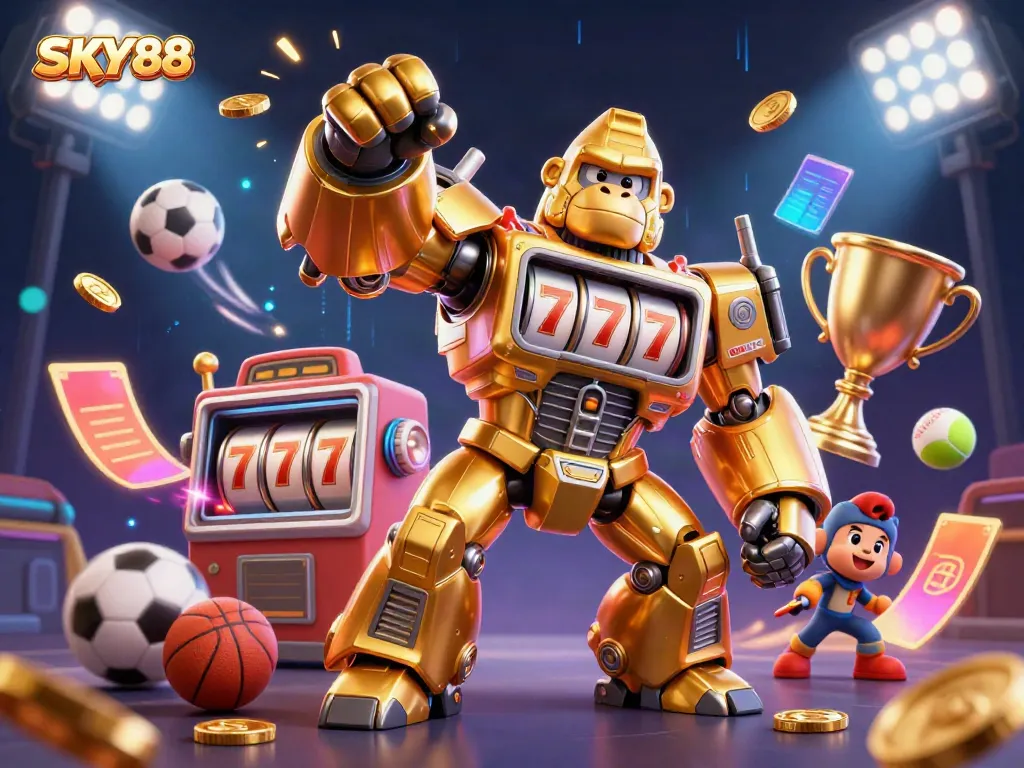 Experience explosive gaming action with SKY88's dynamic 3D illustration featuring a golden gorilla mech and sports elements.