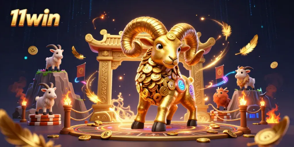 Experience the thrill of 11win with a golden ram charging through a dazzling casino scene