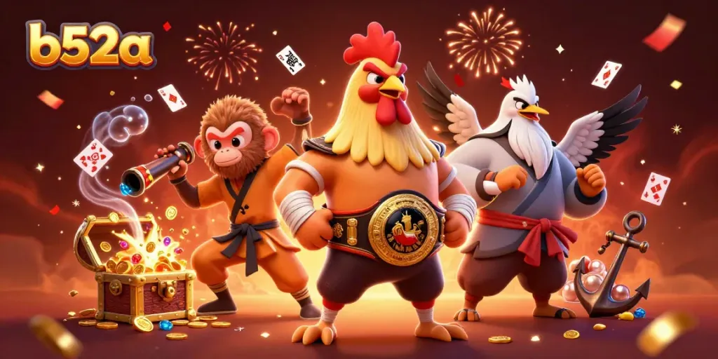 Experience thrilling gameplay at b52a with vibrant characters and casino elements in a dynamic scene.