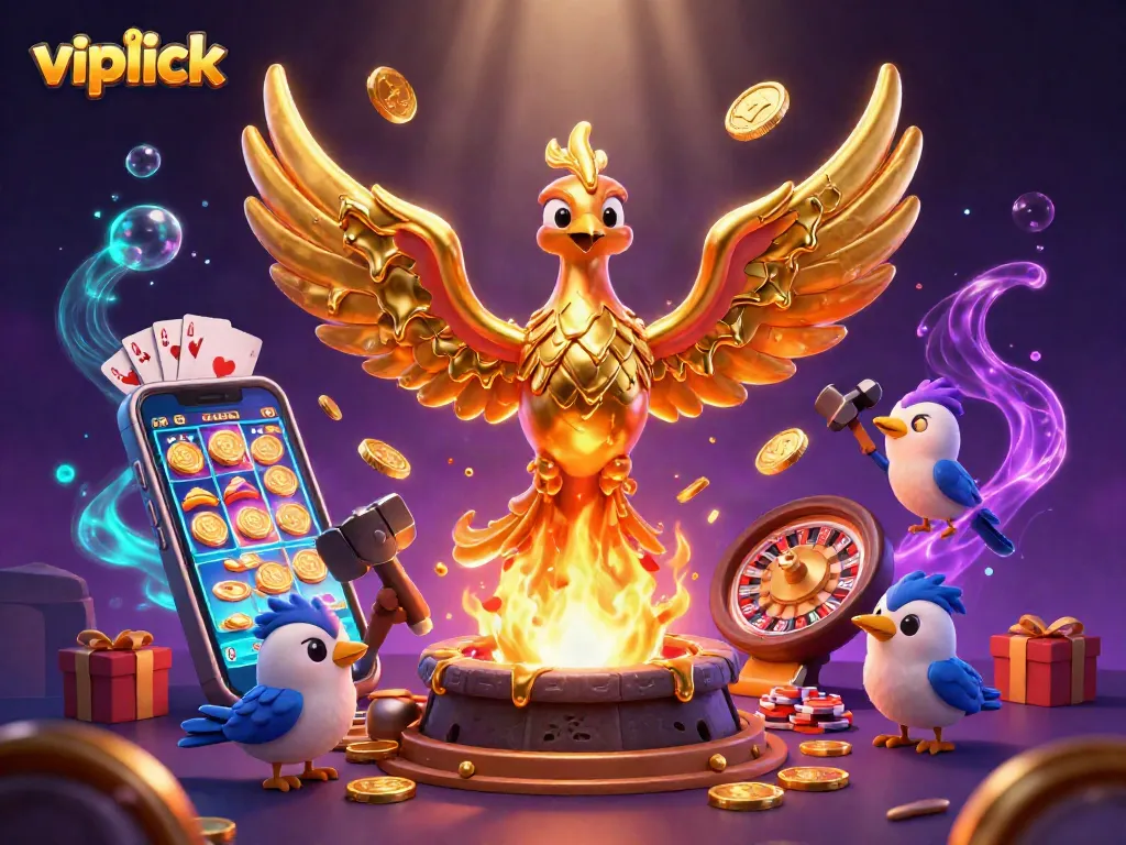 Experience the thrill of vipluck as golden coins erupt from a magical slot-themed scene.