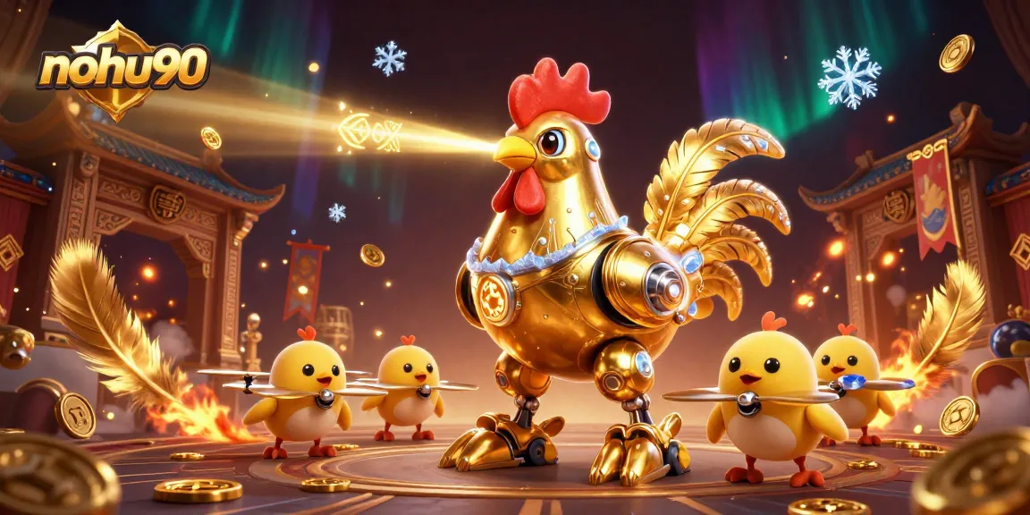Nohu90 showcases a dynamic gambling arena with a golden rooster robot and baby chick drones amidst swirling gold coins.