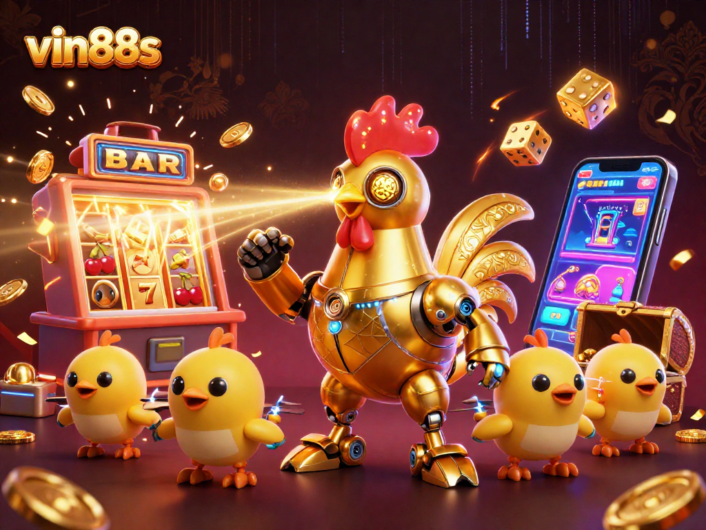 Experience thrilling wins at vin88s with a golden rooster robot and vibrant casino elements.